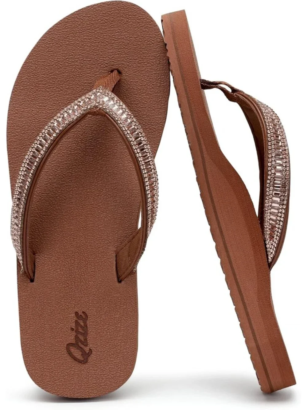 Women's Black Brown Summer Comfortable Flip Flops with Rhinestone Thong Sandals
